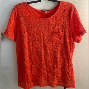 Ellen Tracy Vibrant Orange Lace Short Sleeve Top